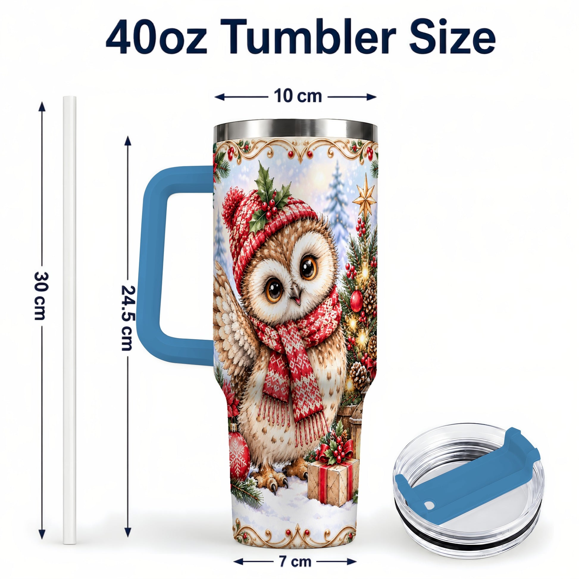 #pl[40oz|Blue] Christmas Owl 40oz Tumbler, Winter Owl Stainless Steel Travel Cup