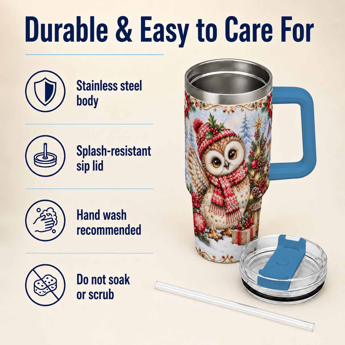 #pl[40oz|Blue] Christmas Owl 40oz Tumbler, Winter Owl Stainless Steel Travel Cup