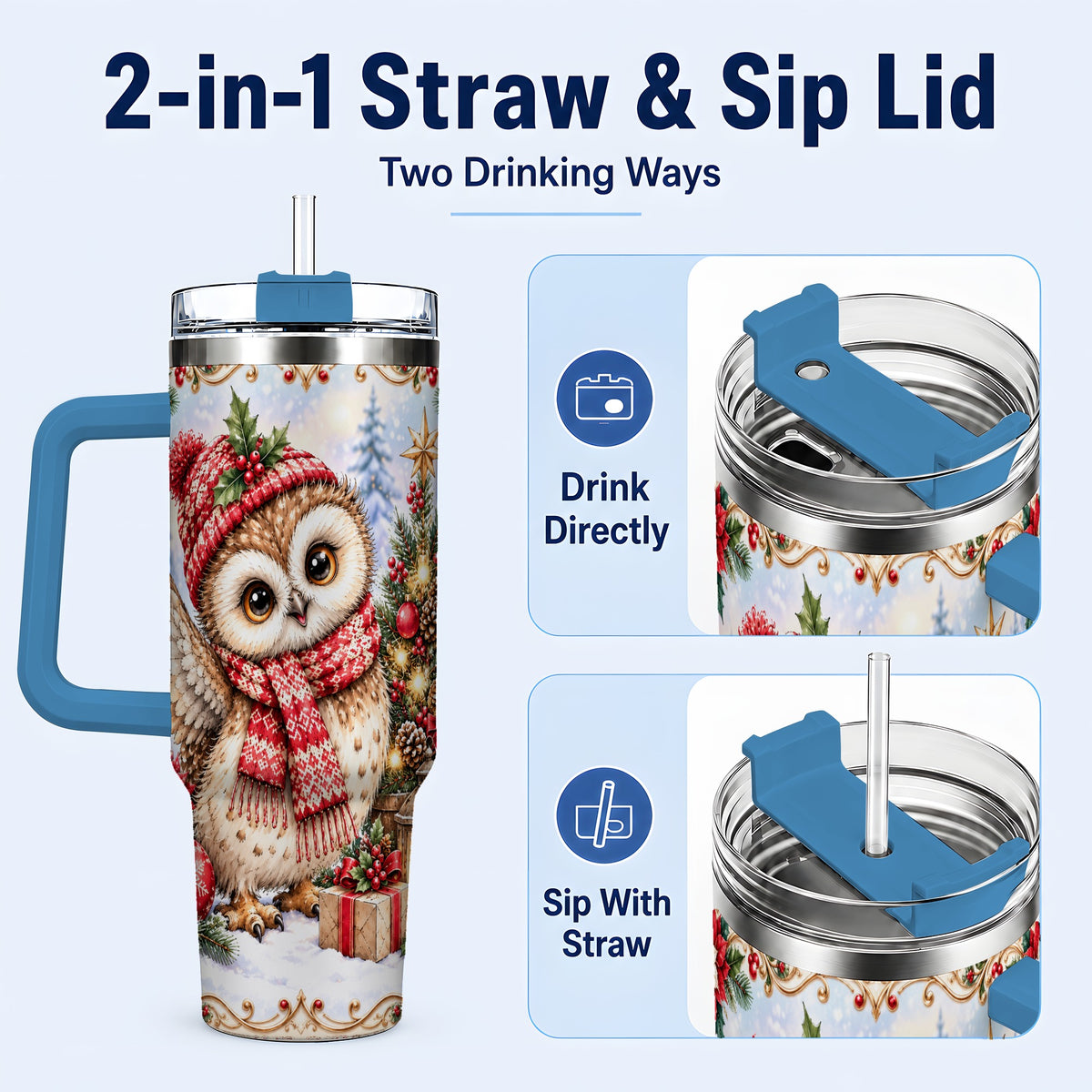 #pl[40oz|Blue] Christmas Owl 40oz Tumbler, Winter Owl Stainless Steel Travel Cup