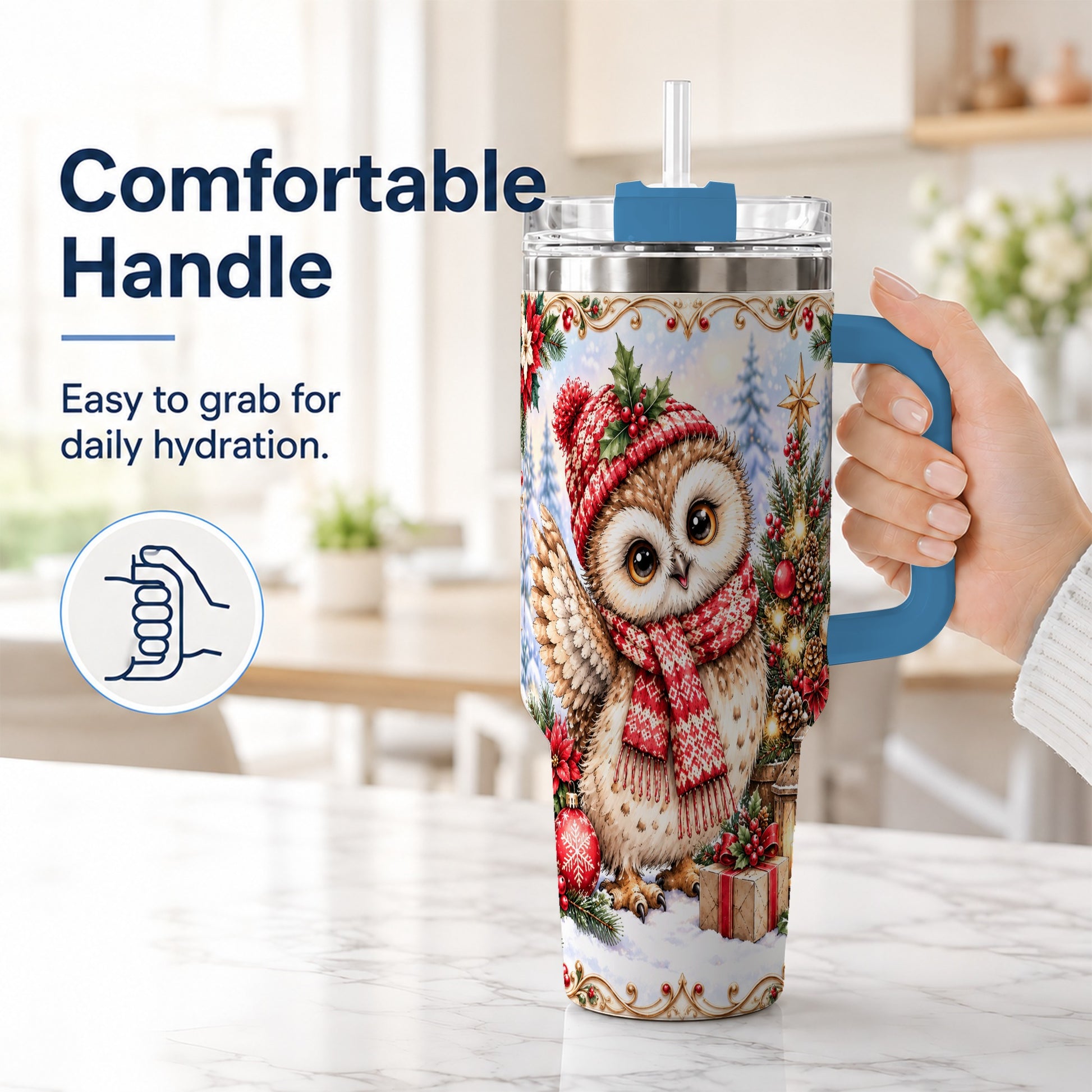 #pl[40oz|Blue] Christmas Owl 40oz Tumbler, Winter Owl Stainless Steel Travel Cup