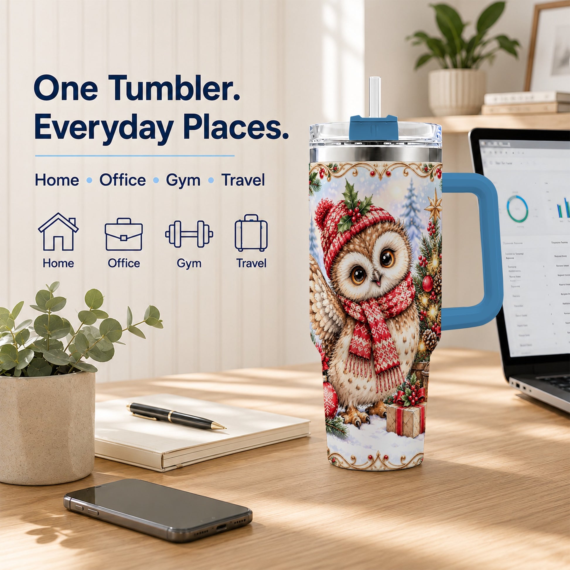 #pl[40oz|Blue] Christmas Owl 40oz Tumbler, Winter Owl Stainless Steel Travel Cup