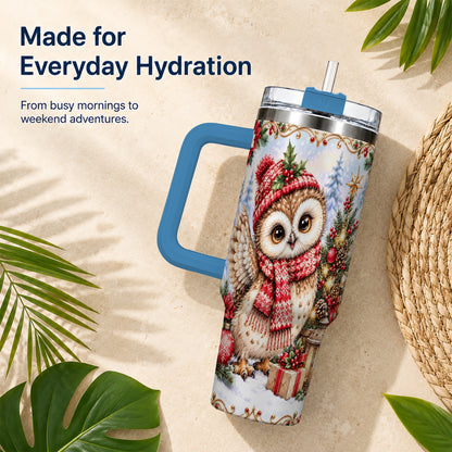 #pl[40oz|Blue] Christmas Owl 40oz Tumbler, Winter Owl Stainless Steel Travel Cup