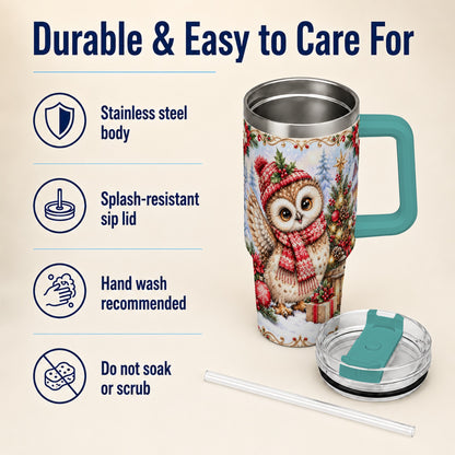 #pl[40oz|Green] Christmas Owl 40oz Tumbler, Winter Owl Stainless Steel Travel Cup