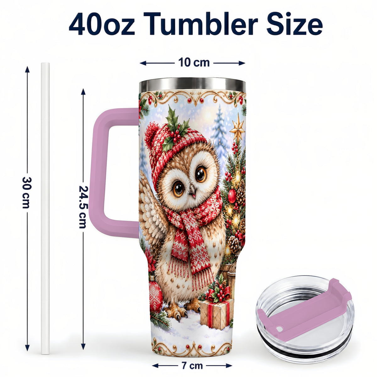 #pl[40oz|Pink] Christmas Owl 40oz Tumbler, Winter Owl Stainless Steel Travel Cup