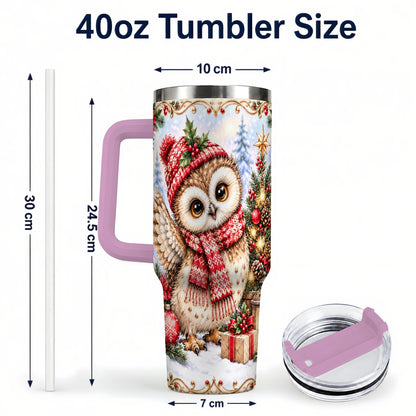 #pl[40oz|Pink] Christmas Owl 40oz Tumbler, Winter Owl Stainless Steel Travel Cup