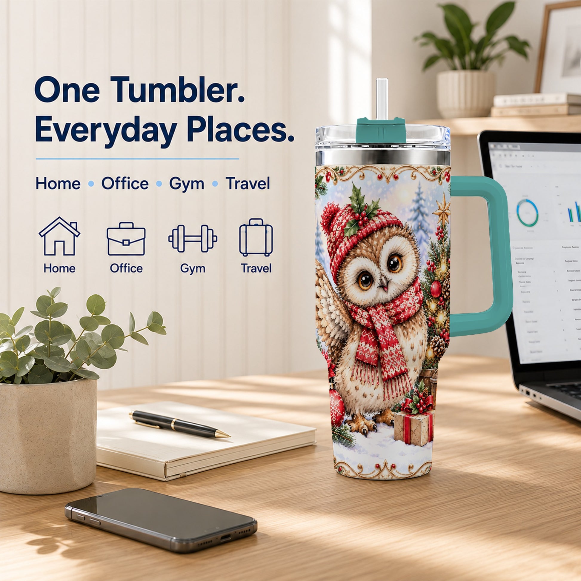 #pl[40oz|Green] Christmas Owl 40oz Tumbler, Winter Owl Stainless Steel Travel Cup