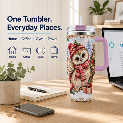 #pl[40oz|Pink] Christmas Owl 40oz Tumbler, Winter Owl Stainless Steel Travel Cup