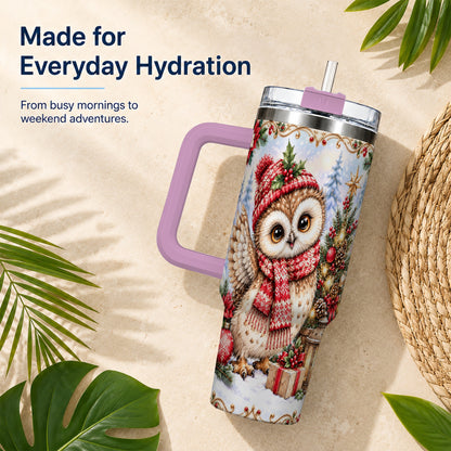 #pl[40oz|Pink] Christmas Owl 40oz Tumbler, Winter Owl Stainless Steel Travel Cup