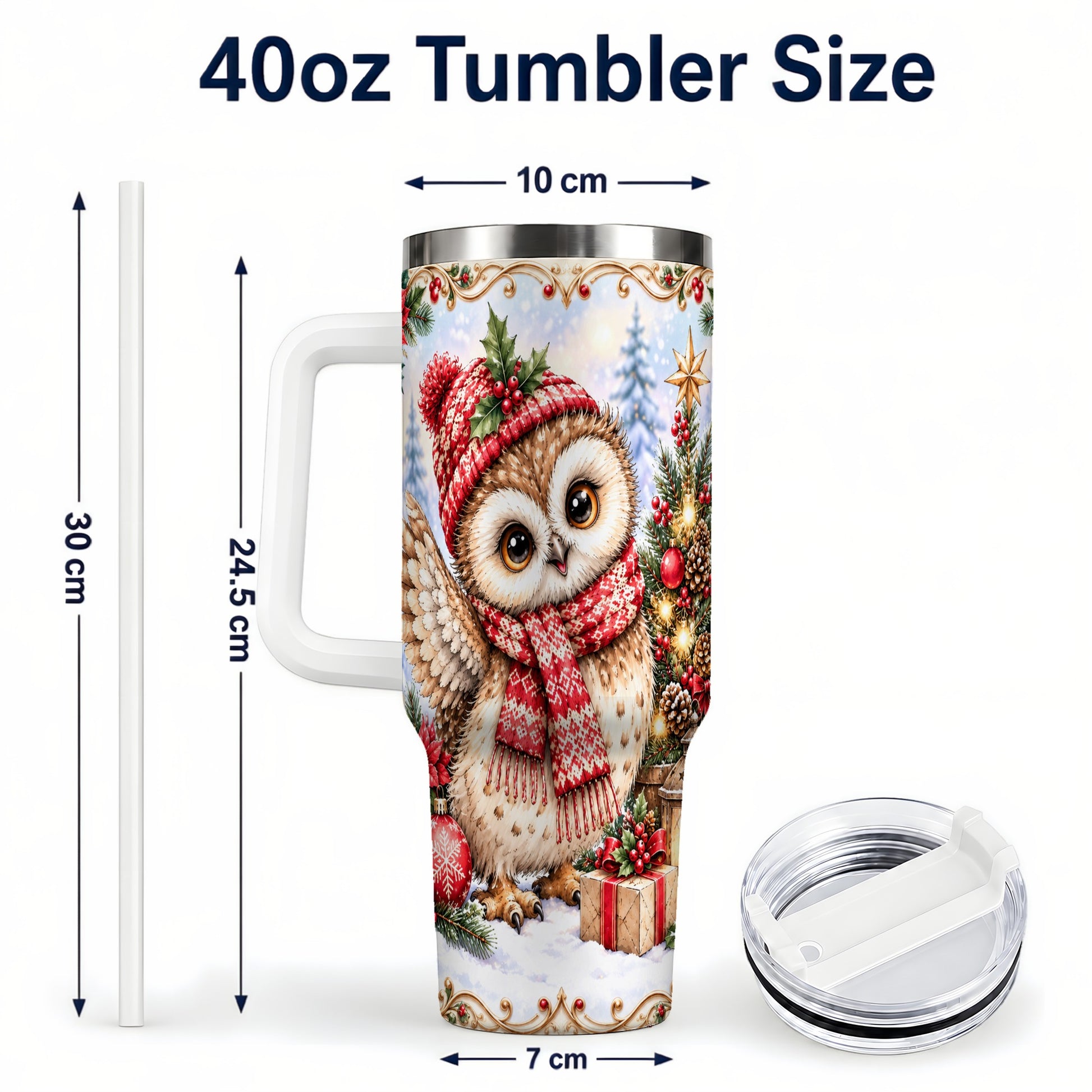 #pl[40oz|White] Christmas Owl 40oz Tumbler, Winter Owl Stainless Steel Travel Cup