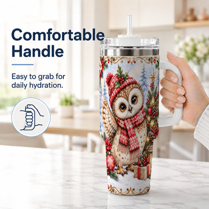 #pl[40oz|White] Christmas Owl 40oz Tumbler, Winter Owl Stainless Steel Travel Cup