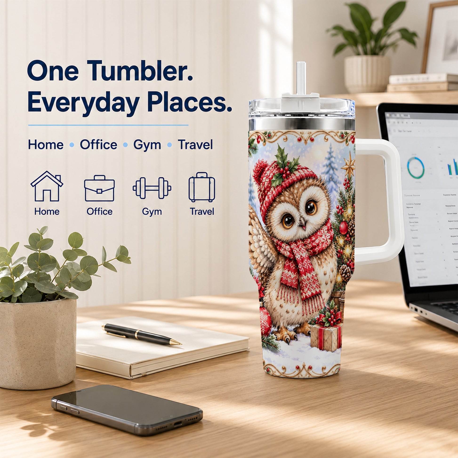#pl[40oz|White] Christmas Owl 40oz Tumbler, Winter Owl Stainless Steel Travel Cup