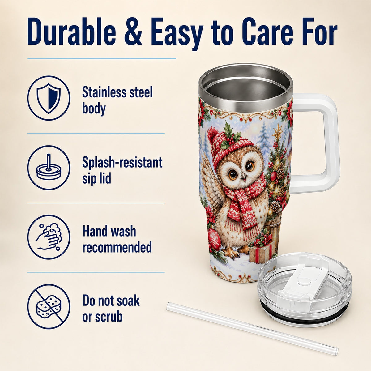 #pl[40oz|White] Christmas Owl 40oz Tumbler, Winter Owl Stainless Steel Travel Cup