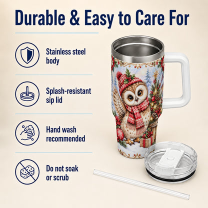 #pl[40oz|White] Christmas Owl 40oz Tumbler, Winter Owl Stainless Steel Travel Cup