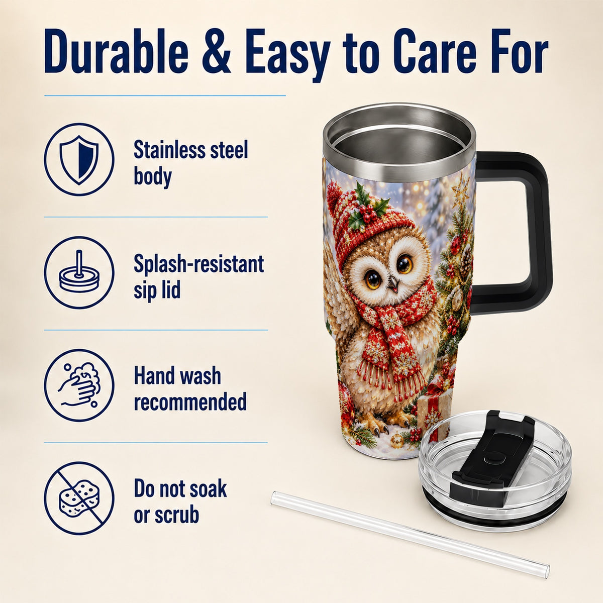 #pl[40oz|Black] Christmas Owl 40oz Tumbler with Handle, Winter Bird Stainless Steel Cup