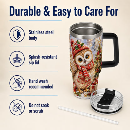 #pl[40oz|Black] Christmas Owl 40oz Tumbler with Handle, Winter Bird Stainless Steel Cup