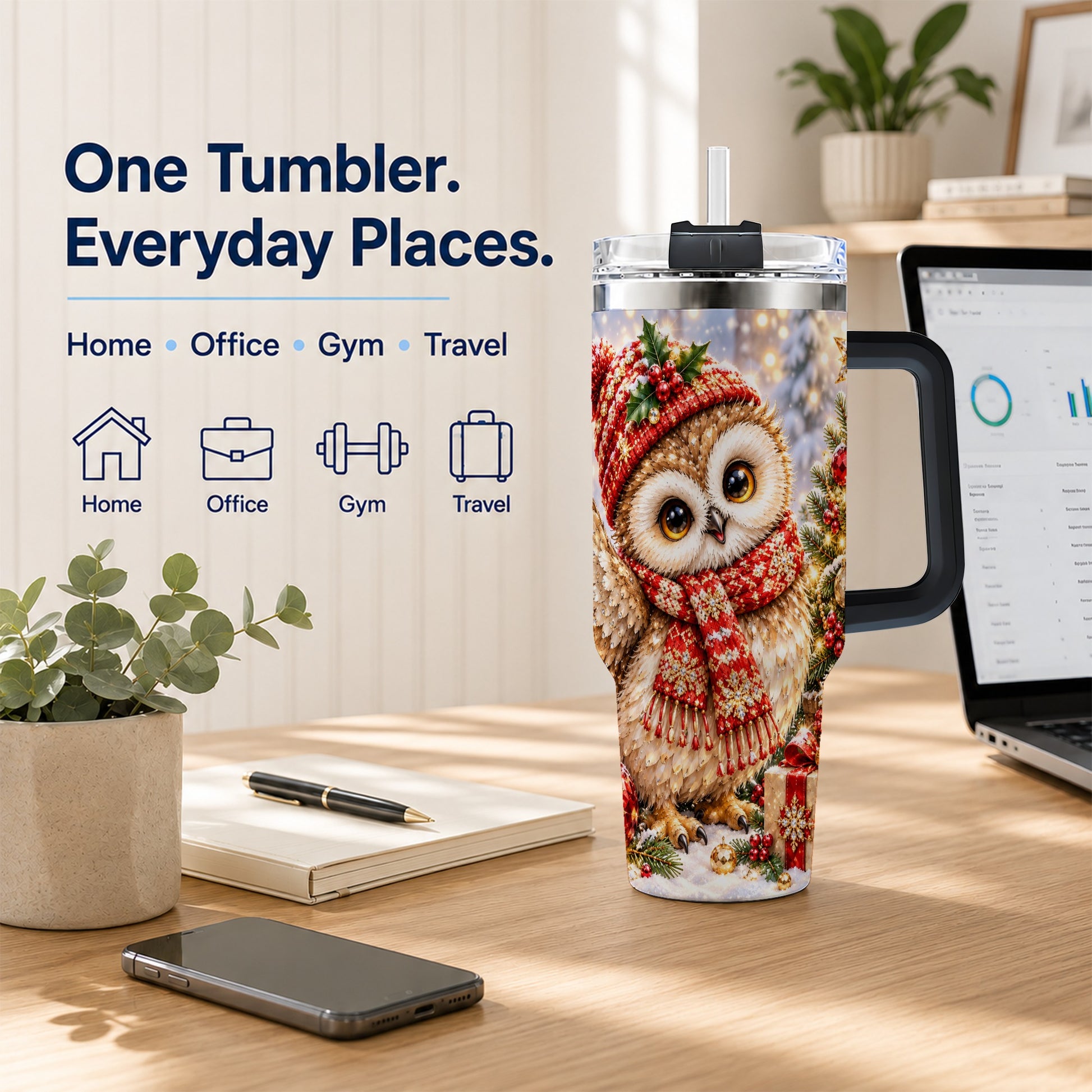 #pl[40oz|Black] Christmas Owl 40oz Tumbler with Handle, Winter Bird Stainless Steel Cup