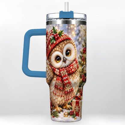#pl[40oz|Blue] Christmas Owl 40oz Tumbler with Handle, Winter Bird Stainless Steel Cup