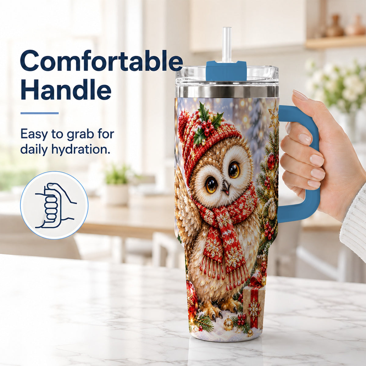 #pl[40oz|Blue] Christmas Owl 40oz Tumbler with Handle, Winter Bird Stainless Steel Cup