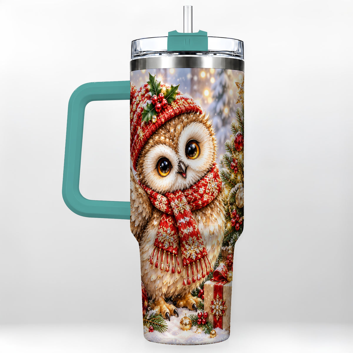 #pl[40oz|Green] Christmas Owl 40oz Tumbler with Handle, Winter Bird Stainless Steel Cup