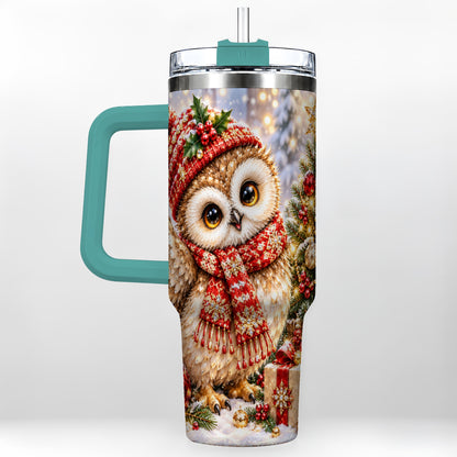 #pl[40oz|Green] Christmas Owl 40oz Tumbler with Handle, Winter Bird Stainless Steel Cup