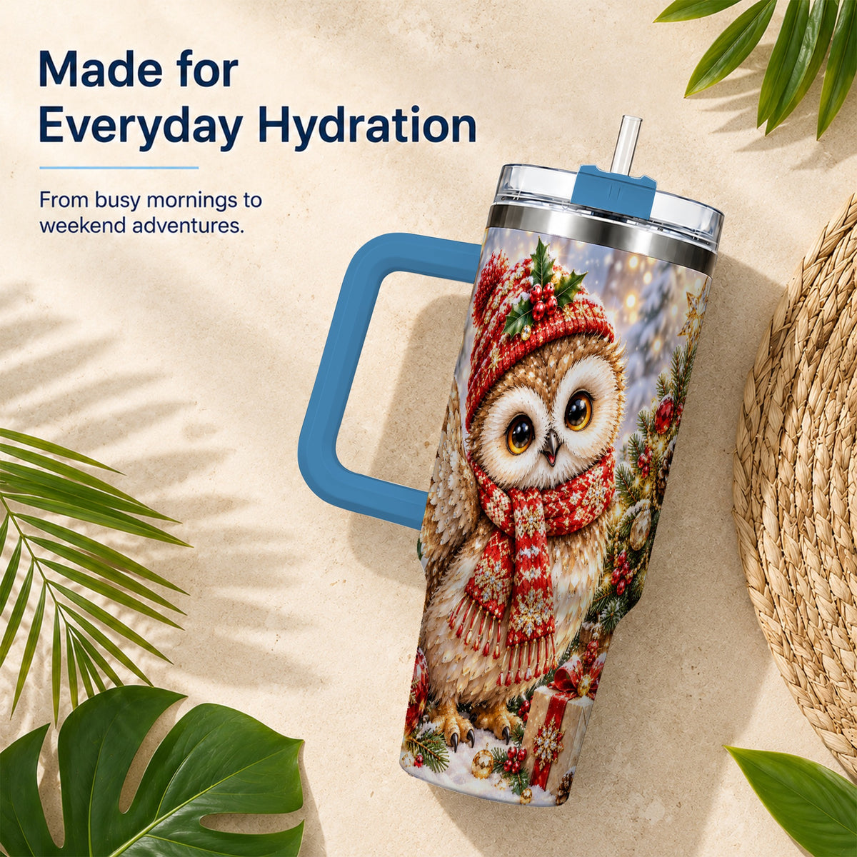 #pl[40oz|Blue] Christmas Owl 40oz Tumbler with Handle, Winter Bird Stainless Steel Cup