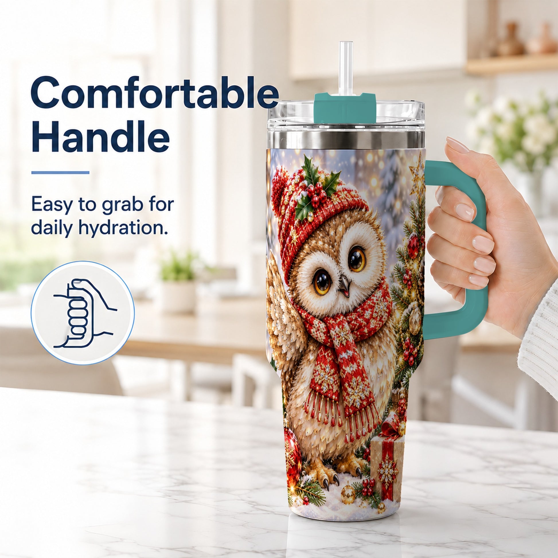 #pl[40oz|Green] Christmas Owl 40oz Tumbler with Handle, Winter Bird Stainless Steel Cup