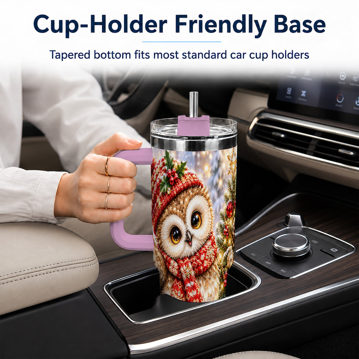 #pl[40oz|Pink] Christmas Owl 40oz Tumbler with Handle, Winter Bird Stainless Steel Cup
