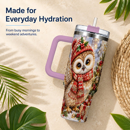 #pl[40oz|Pink] Christmas Owl 40oz Tumbler with Handle, Winter Bird Stainless Steel Cup