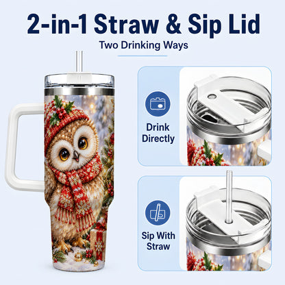 #pl[40oz|White] Christmas Owl 40oz Tumbler with Handle, Winter Bird Stainless Steel Cup
