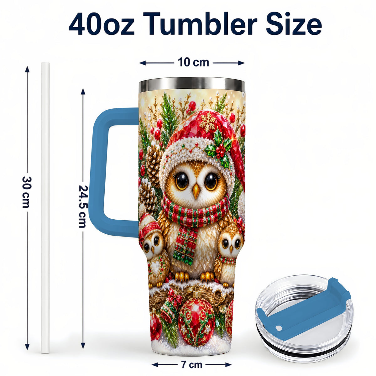 #pl[40oz|Blue] Owl Family 40oz Tumbler with Handle, Christmas Stainless Steel Cup