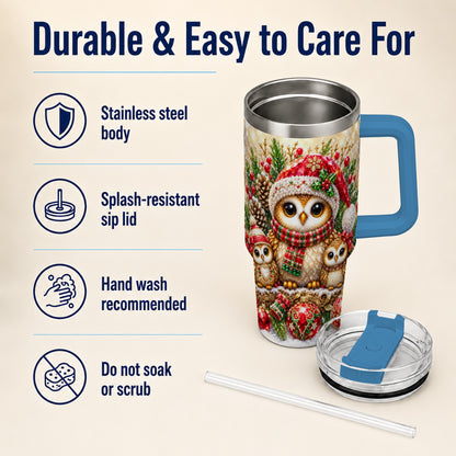 #pl[40oz|Blue] Owl Family 40oz Tumbler with Handle, Christmas Stainless Steel Cup