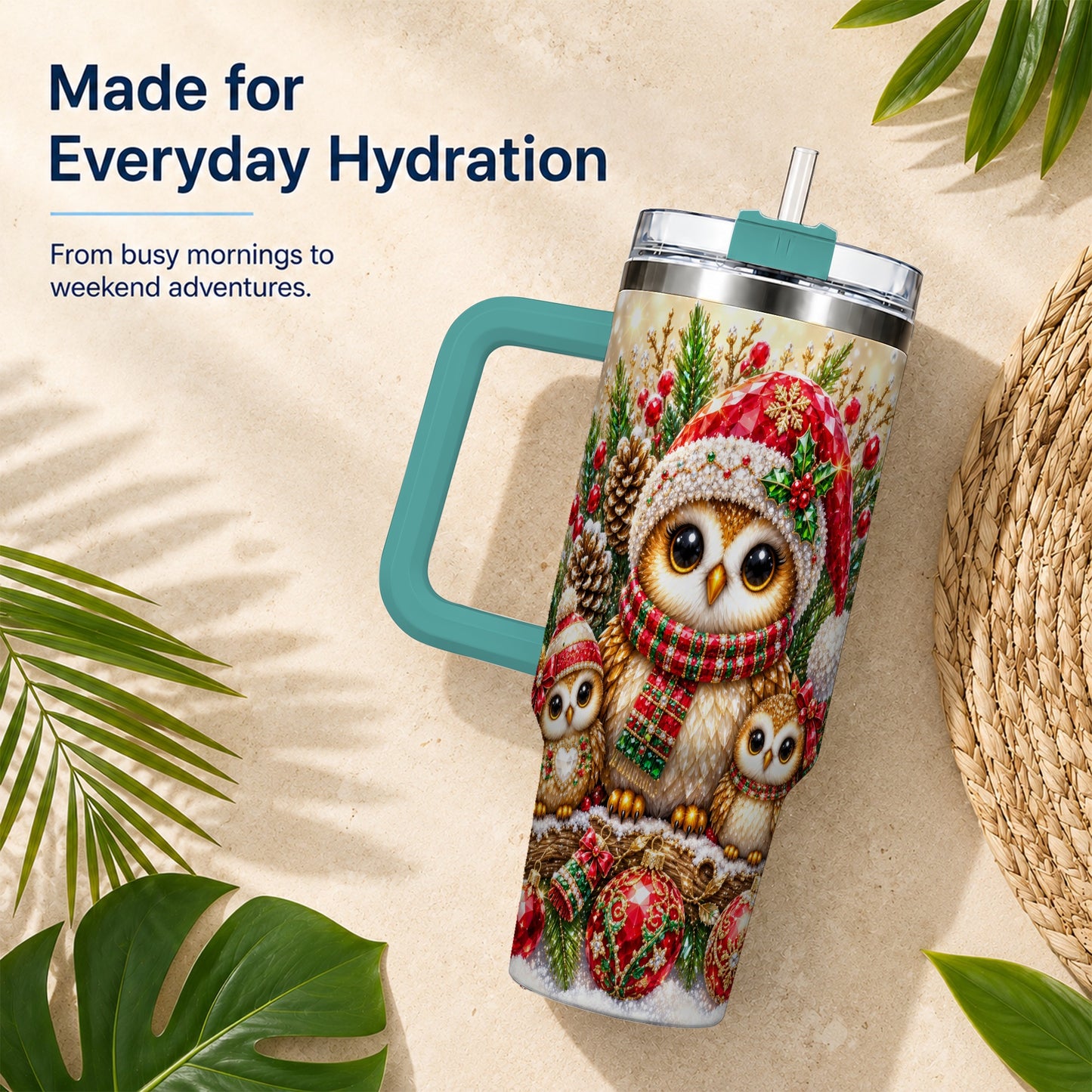 #pl[40oz|Green] Owl Family 40oz Tumbler with Handle, Christmas Stainless Steel Cup