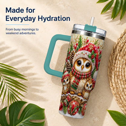 #pl[40oz|Green] Owl Family 40oz Tumbler with Handle, Christmas Stainless Steel Cup