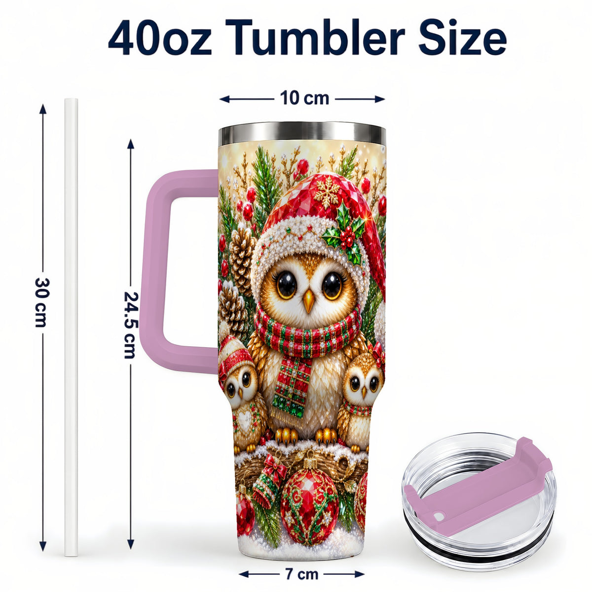 #pl[40oz|Pink] Owl Family 40oz Tumbler with Handle, Christmas Stainless Steel Cup