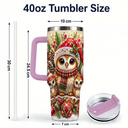 #pl[40oz|Pink] Owl Family 40oz Tumbler with Handle, Christmas Stainless Steel Cup