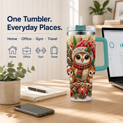 #pl[40oz|Green] Owl Family 40oz Tumbler with Handle, Christmas Stainless Steel Cup