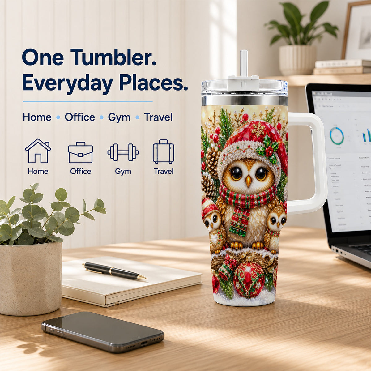 #pl[40oz|White] Owl Family 40oz Tumbler with Handle, Christmas Stainless Steel Cup