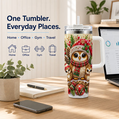 #pl[40oz|White] Owl Family 40oz Tumbler with Handle, Christmas Stainless Steel Cup