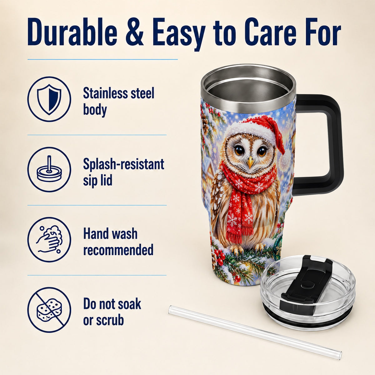 #pl[40oz|Black] Snowy Owl 40oz Tumbler with Handle, Christmas Stainless Steel Cup