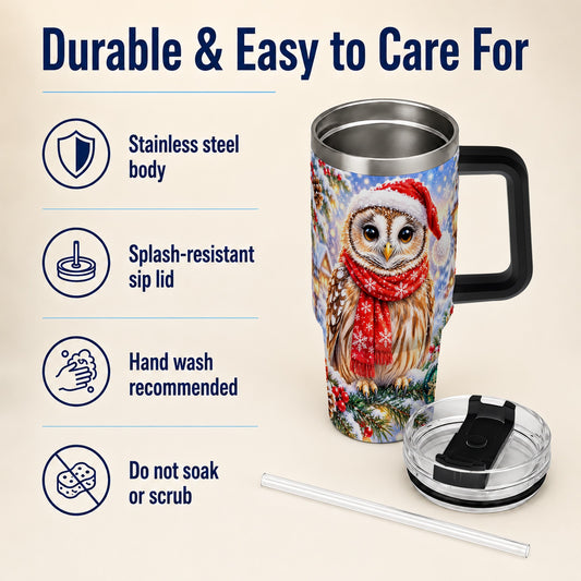 #pl[40oz|Black] Snowy Owl 40oz Tumbler with Handle, Christmas Stainless Steel Cup