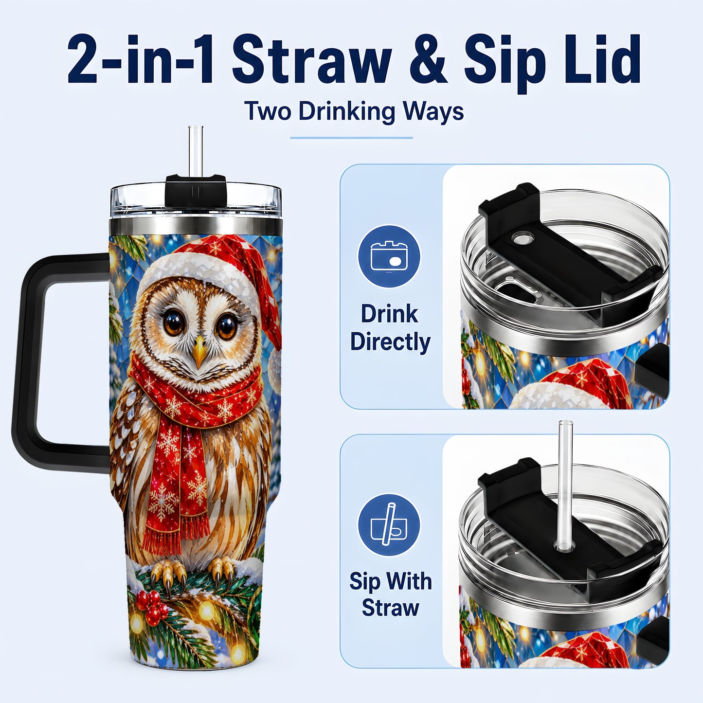 #pl[40oz|Black] Jeweled Owl 40oz Tumbler with Handle, Christmas Stainless Steel Cup