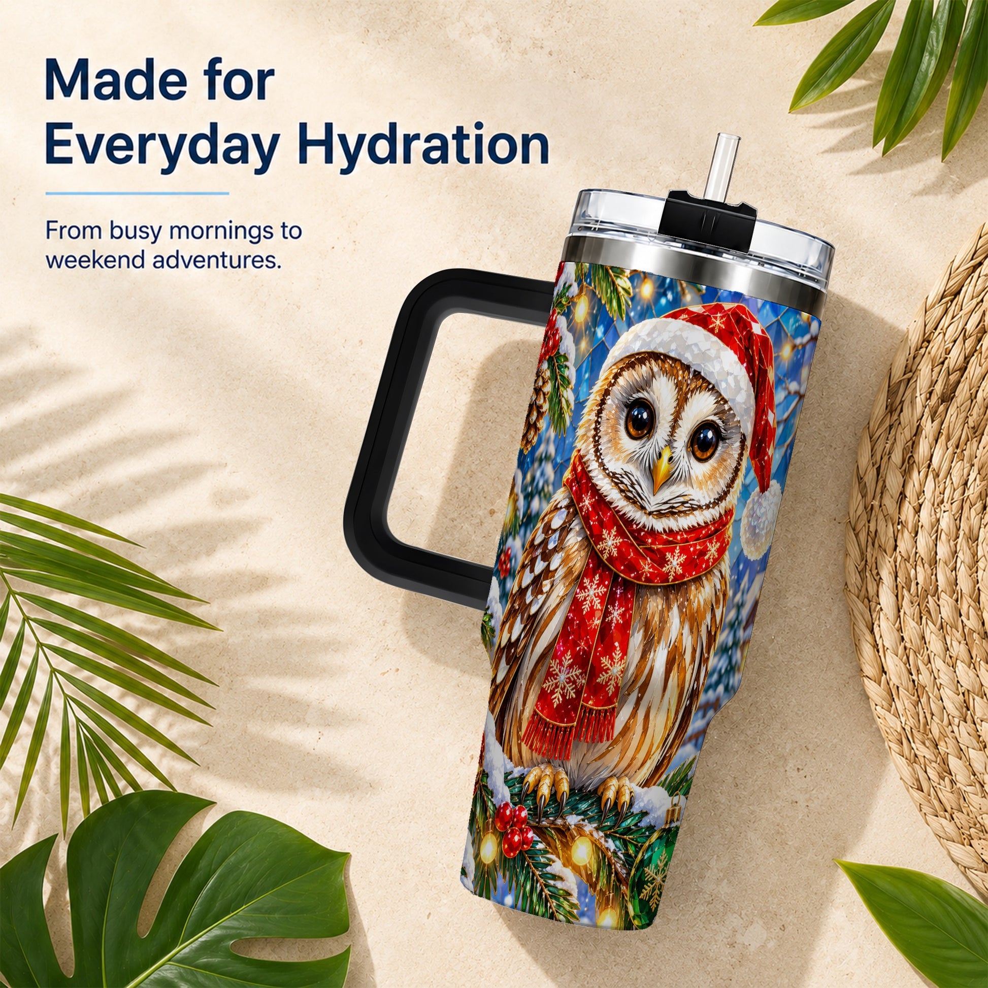 #pl[40oz|Black] Jeweled Owl 40oz Tumbler with Handle, Christmas Stainless Steel Cup