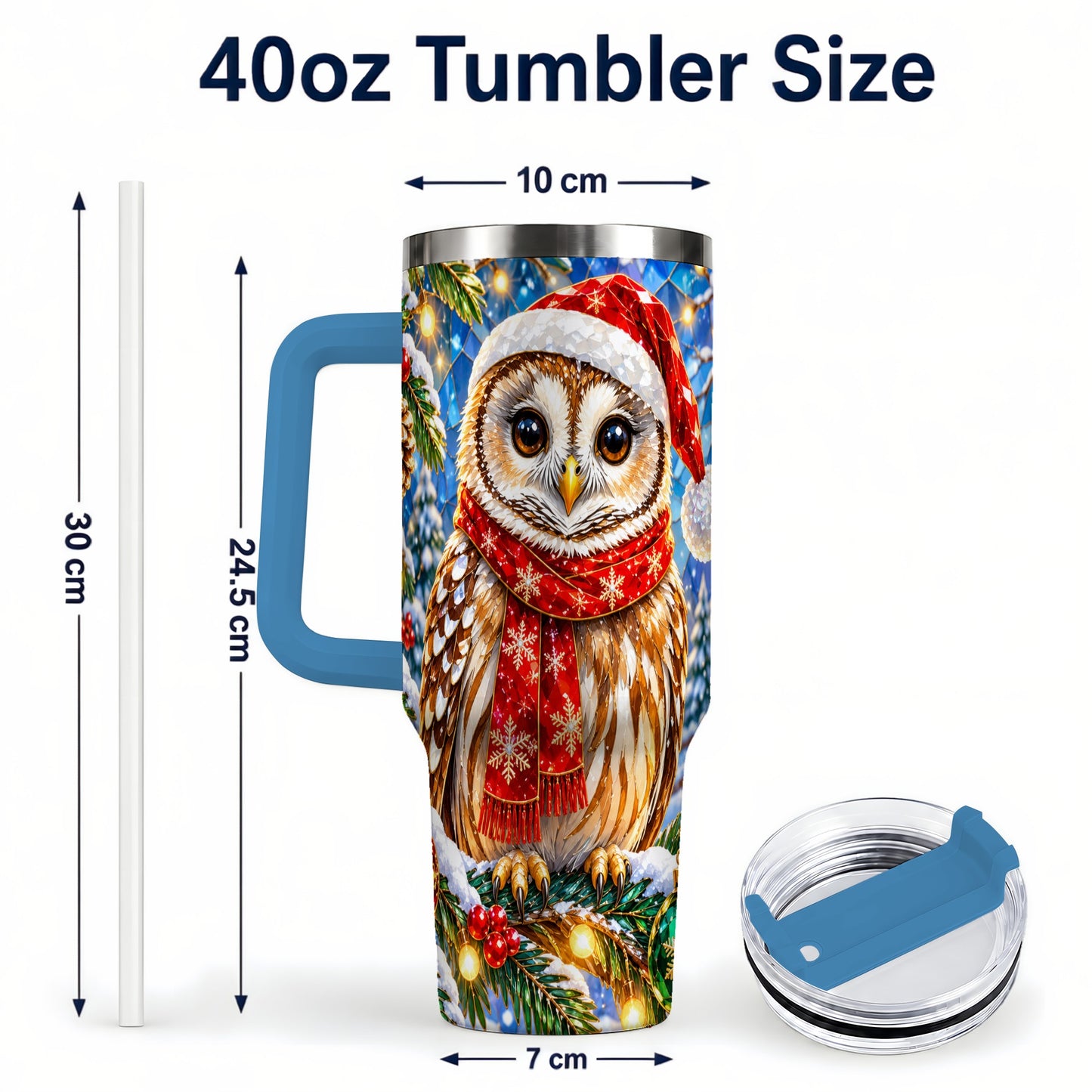 #pl[40oz|Blue] Jeweled Owl 40oz Tumbler with Handle, Christmas Stainless Steel Cup
