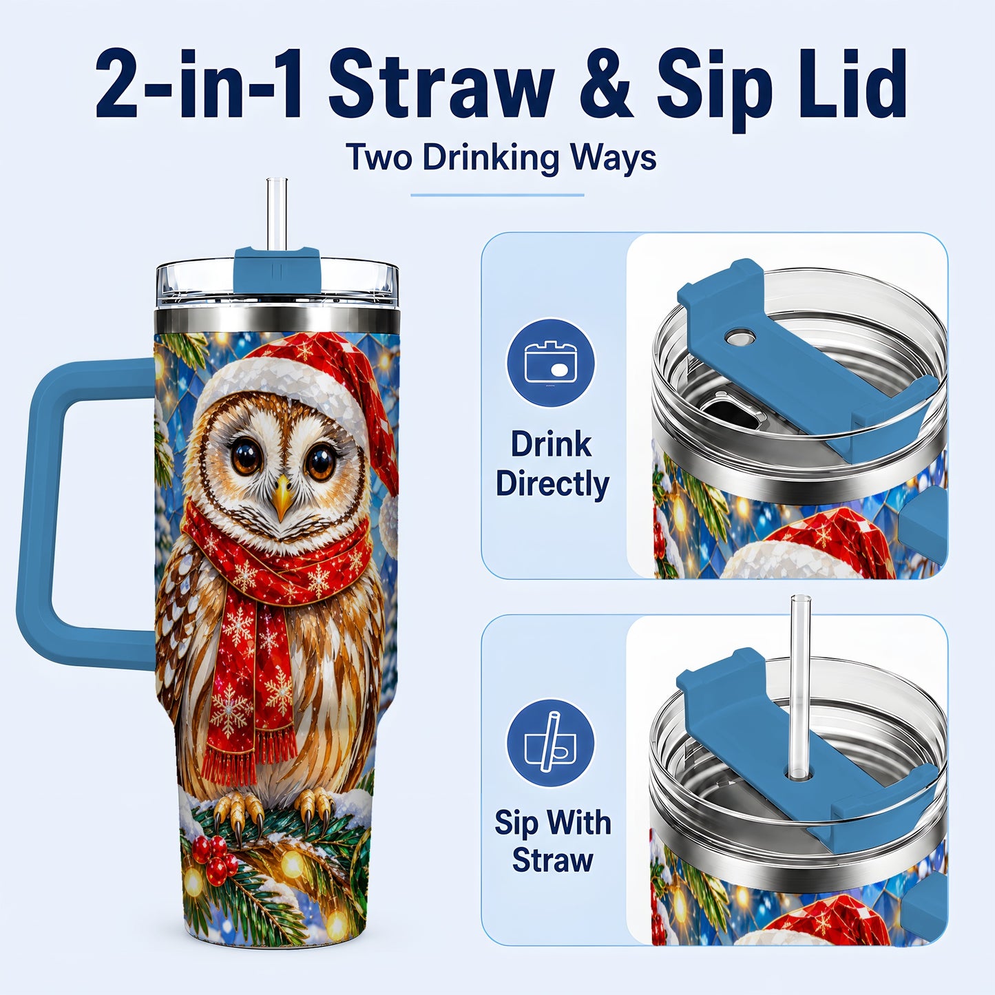#pl[40oz|Blue] Jeweled Owl 40oz Tumbler with Handle, Christmas Stainless Steel Cup
