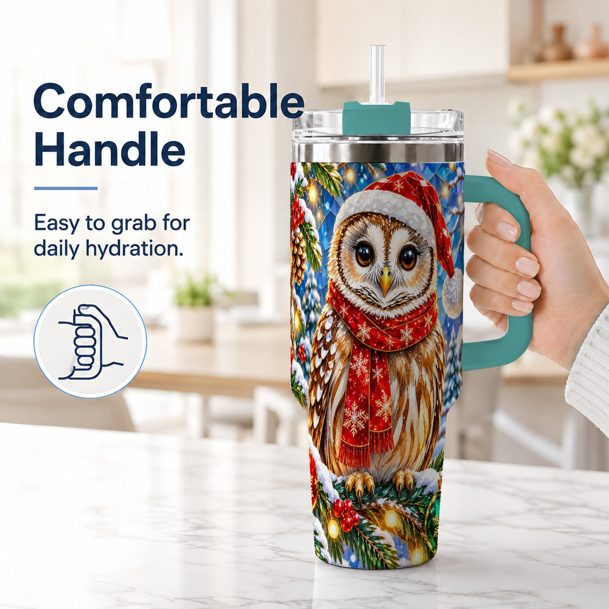 #pl[40oz|Green] Jeweled Owl 40oz Tumbler with Handle, Christmas Stainless Steel Cup
