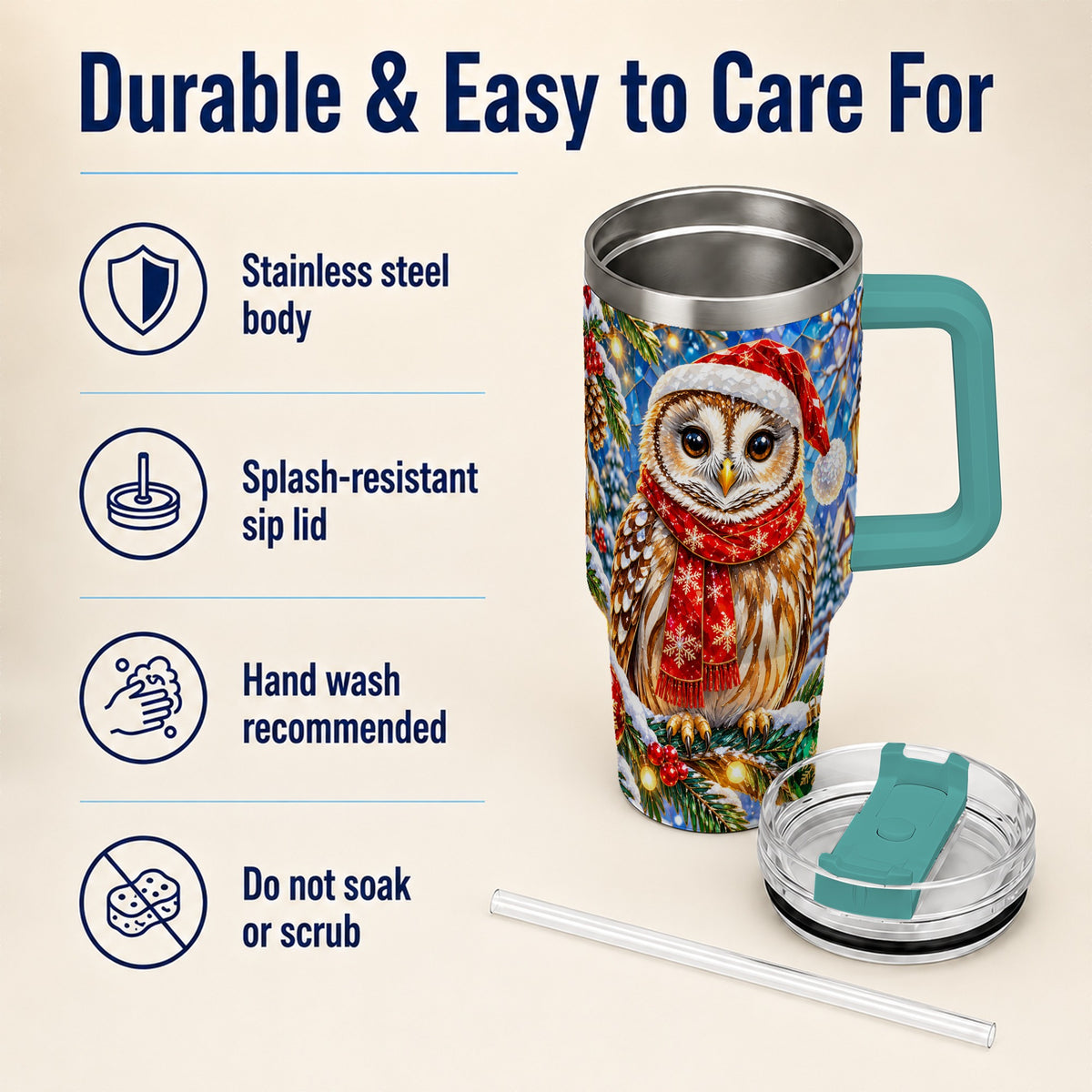 #pl[40oz|Green] Jeweled Owl 40oz Tumbler with Handle, Christmas Stainless Steel Cup