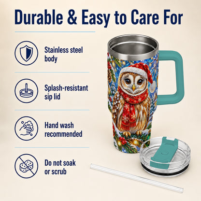 #pl[40oz|Green] Jeweled Owl 40oz Tumbler with Handle, Christmas Stainless Steel Cup