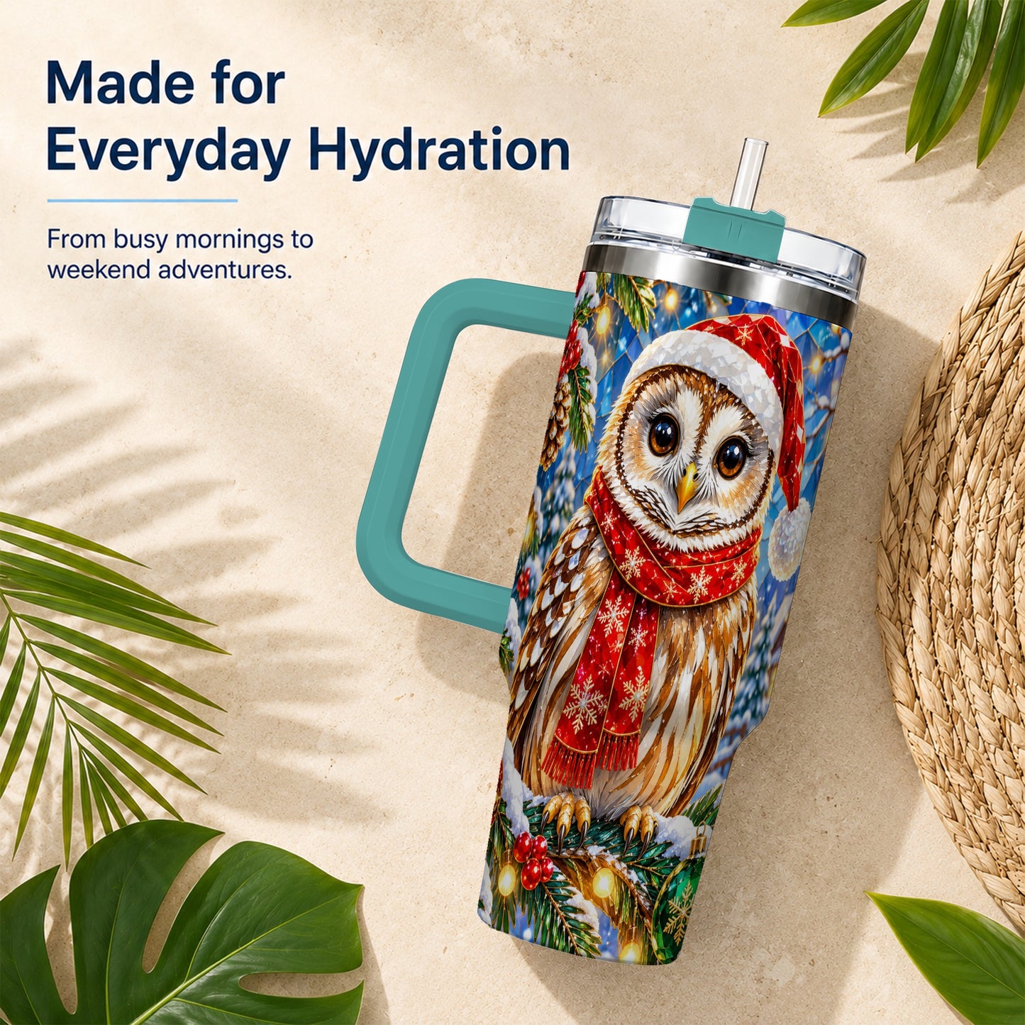 #pl[40oz|Green] Jeweled Owl 40oz Tumbler with Handle, Christmas Stainless Steel Cup