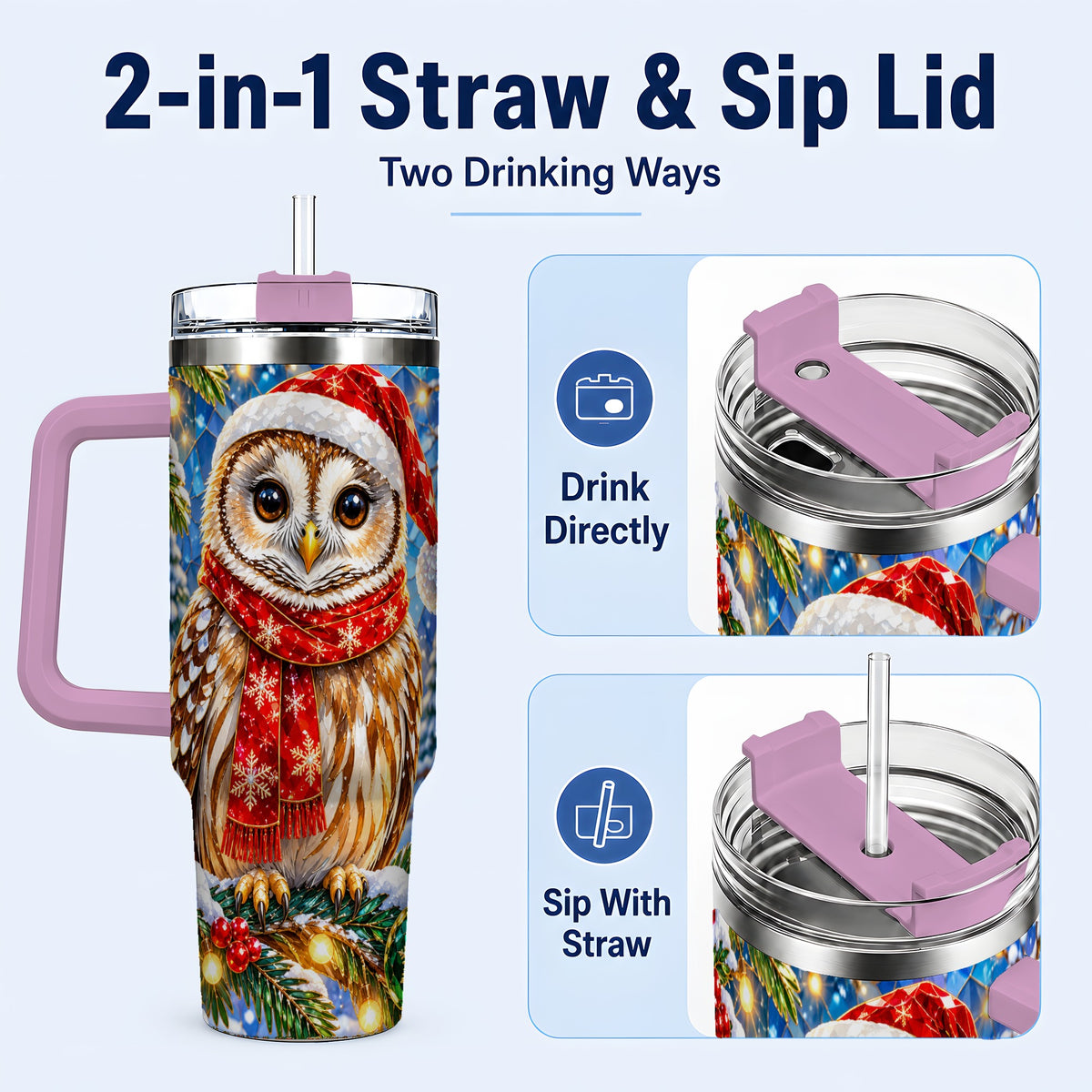 #pl[40oz|Pink] Jeweled Owl 40oz Tumbler with Handle, Christmas Stainless Steel Cup