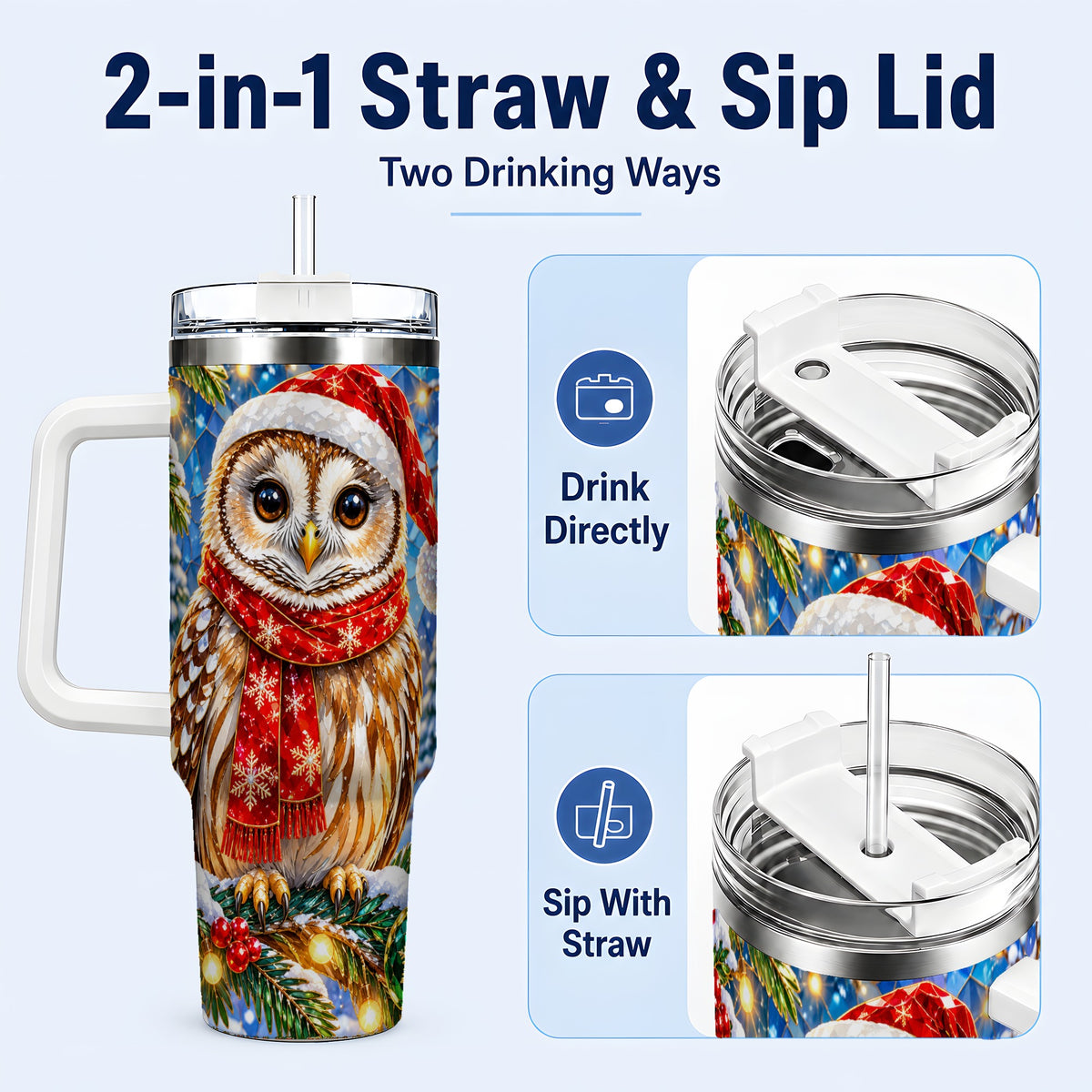 #pl[40oz|White] Jeweled Owl 40oz Tumbler with Handle, Christmas Stainless Steel Cup